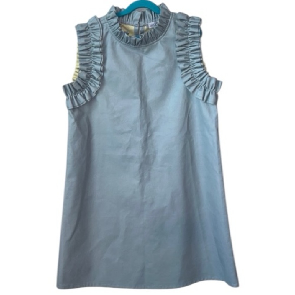 Just Bellina Ruffled Neck And Sleeveless Faux Leather Dress In Baby Blue Size S